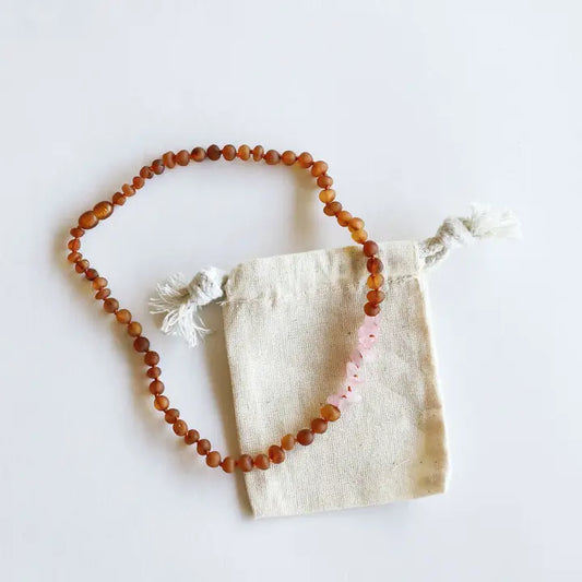 Canyon Leaf Raw Baltic Amber Necklace - Cognac & Raw Rose Quartz